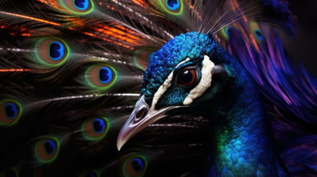 A close up of a colorful peacock with feathers in various colors