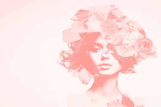 An artistic image with a soft pink overlay featuring a woman's face merged with abstract shapes and floral elements, creating an ethereal, dreamlike portrait. High quality photo