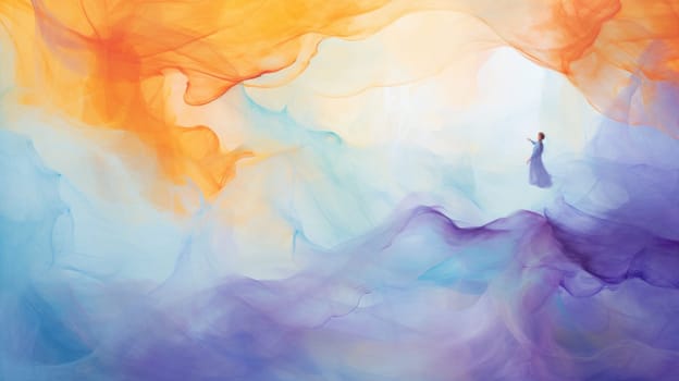 A painting of a woman standing in front of an abstract cloud