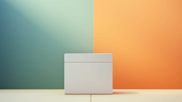 A white box sitting on a colorful background with orange and blue