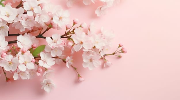 Pastel pink cherry blossoms adorn the corner of a soft pink background, providing a delicate, serene composition suitable for spring-themed designs. High quality photo