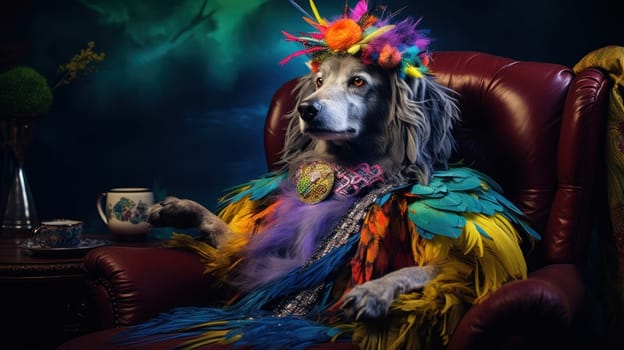A dog dressed in a colorful costume sitting on the couch