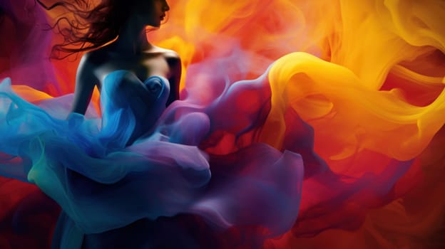 A woman in a dress with colorful smoke coming out of her