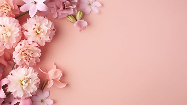 Elegant spring flowers arranged in the corner against a soft pink background, with a mix of pink and white blossoms creating a tranquil mood. High quality photo