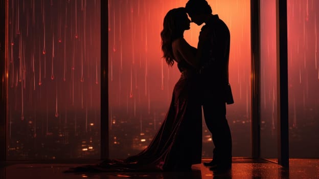 A couple in silhouette standing next to a window with rain falling