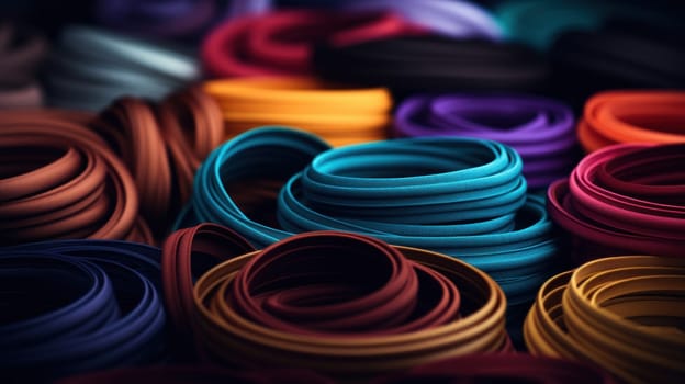 A pile of colorful rubber bands are stacked together
