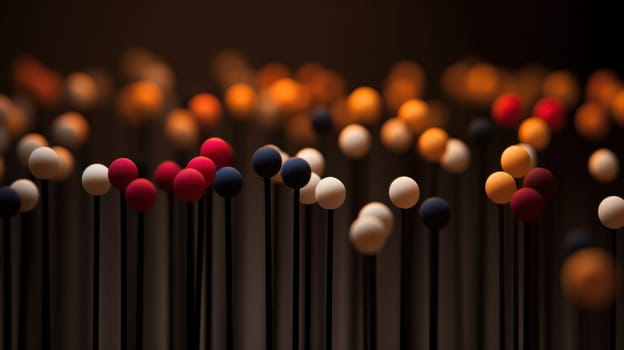 A bunch of colorful balls are on sticks in a dark room