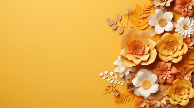 An array of intricate paper flowers in shades of yellow, orange, and white, beautifully arranged on a bright yellow background, showcasing a stunning variety of blooms and foliage. High quality photo