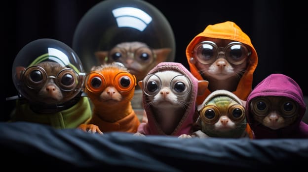 A group of small animals wearing hoods and goggles are sitting together