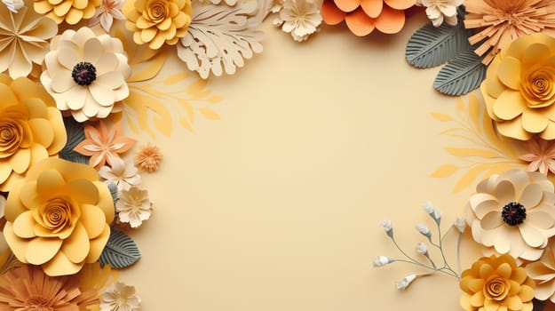 An array of intricate paper flowers in shades of yellow, orange, and white, beautifully arranged on a bright yellow background, showcasing a stunning variety of blooms and foliage. High quality photo