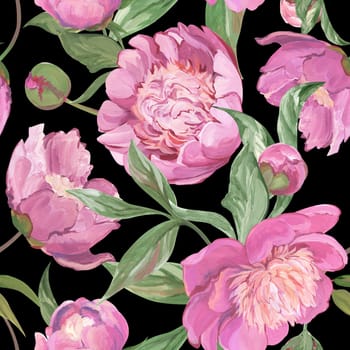 Seamless spring pattern drawn in gouache with pink peonies for trxtile
