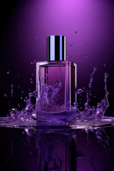 A perfume bottle with purple liquid splashing out of it