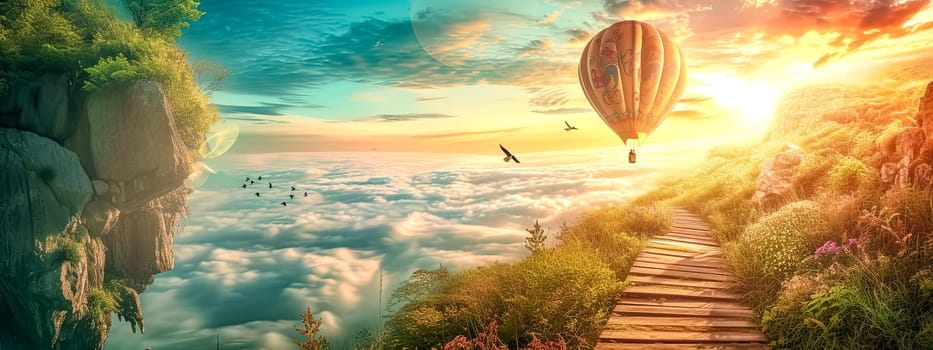 An Aerostat is drifting above a wooden bridge in a hot air balloon, surrounded by a picturesque natural landscape with fluffy Cumulus clouds in the sky
