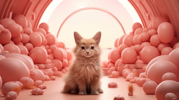 A cat sitting in a room full of pink balls and other objects
