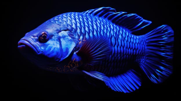 A blue fish with a black background in the dark