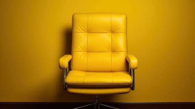 A yellow leather office chair against a wall in front of an empty room