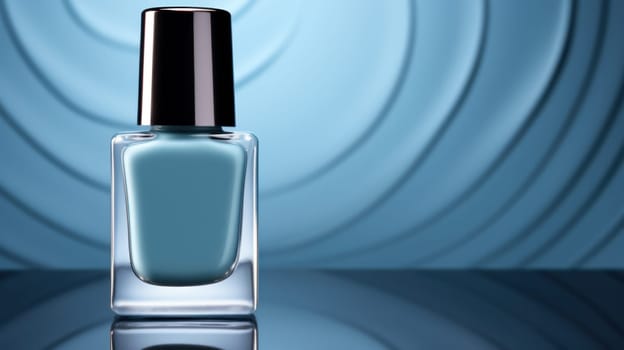 A bottle of blue nail polish sitting on a table