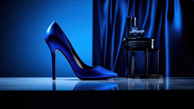 A blue high heeled shoe sitting on a table next to a vase