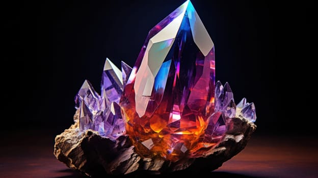 A colorful crystal is sitting on top of a rock