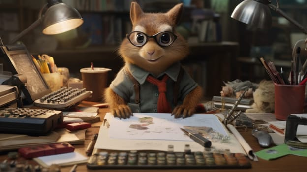 A cartoon character is sitting at a desk with papers and pens