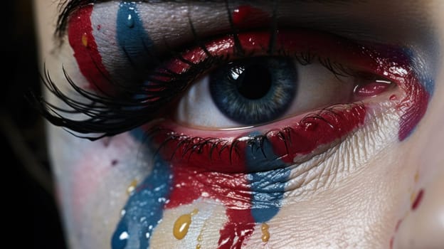A close up of a woman's eye with paint on it