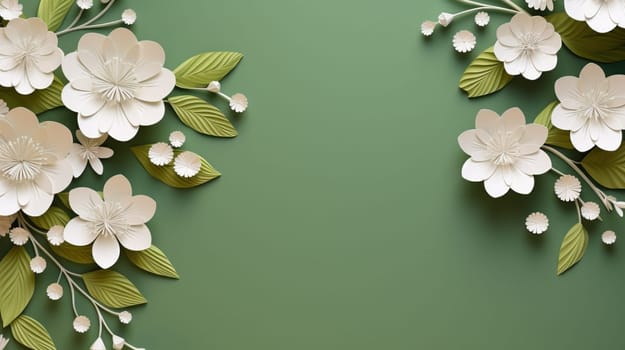 A 3D illustration of white paper flowers and green leaves on a solid dark green background, with a creative design and crafted aesthetic. High quality photo