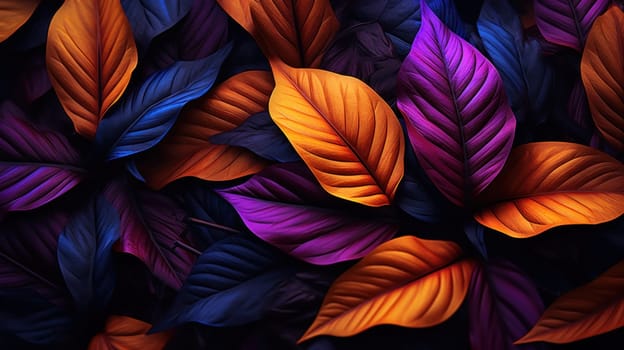 A close up of a bunch of colorful leaves on the ground