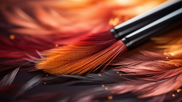 A close up of a brush with colorful feathers on it