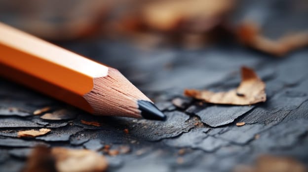 A close up of a pencil laying on top of some leaves