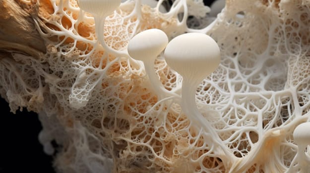 Close-up of a variety of mushrooms and fungal textures featuring intricate details and a spectrum of earthy tones, showcasing the beauty and complexity of fungi. High quality photo