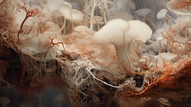 A close-up image depicting an intricate network of white and orange mushroom bodies and delicate mycelium threads intricately woven across a rich, earthy substrate. High quality photo