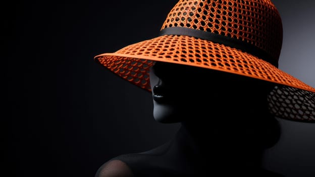 A woman wearing a hat with an orange brim and black dress