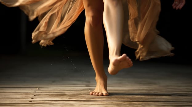 A woman's bare feet are walking on a wooden floor