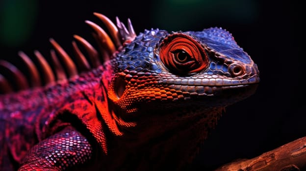 A close up of a colorful lizard with bright red eyes