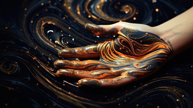A person's hand painted with gold and black swirls on a dark background