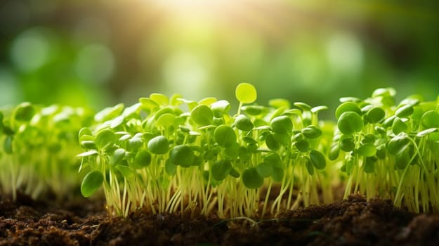 Young green sprouts grow in sunlit soil. High quality photo