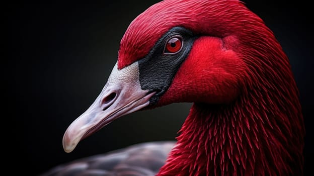 A close up of a red bird with black feathers and bright eyes