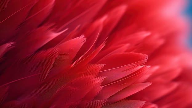 A close up of a red feathery bird with blue background