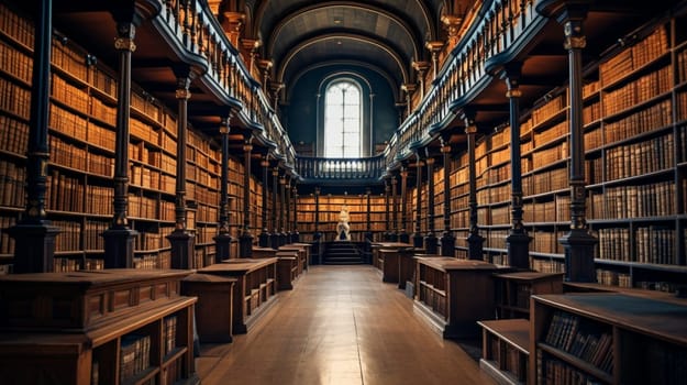 Elegant old library with wooden bookshelves and a central aisle. High quality photo
