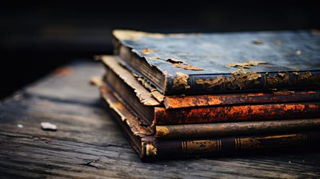 A stack of old books sitting on top of a wooden table
