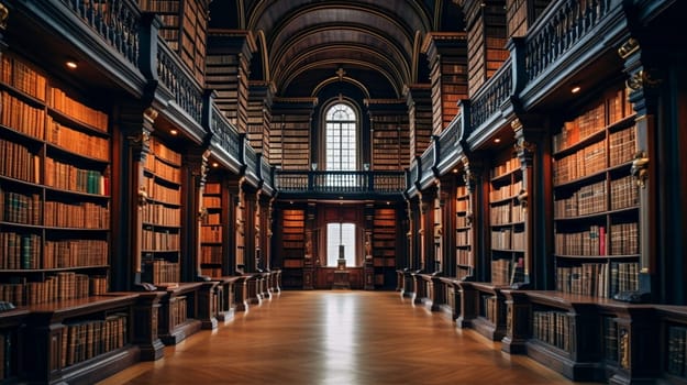 Elegant old library with wooden bookshelves and a central aisle. High quality photo