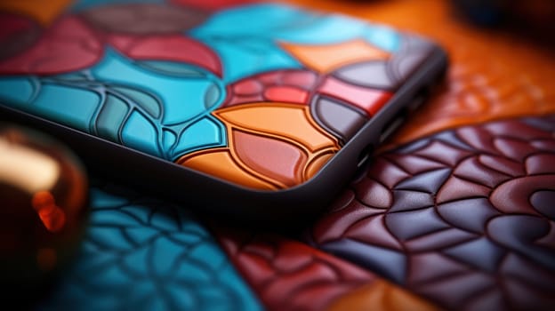 A close up of a colorful phone case sitting on top of some fabric
