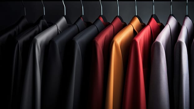 A row of shirts hanging on a rack with different colors