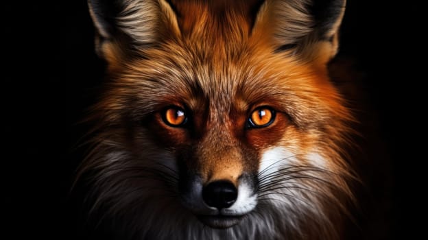 A close up of a fox with orange eyes and glowing yellow teeth