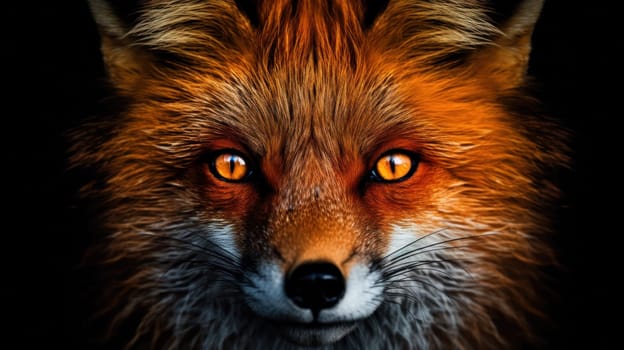 A close up of a fox with orange eyes and glowing yellow teeth
