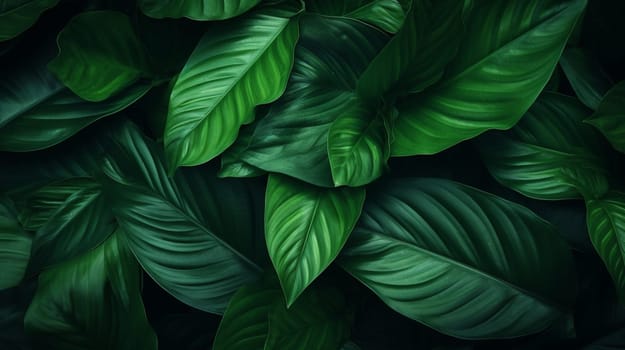 Lush green leaves with pronounced veins creating a natural pattern. High quality photo