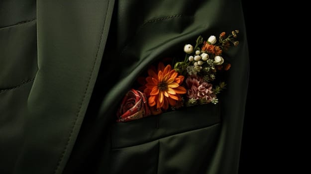 Pocket full of vivid flowers on a green jacket. High quality photo