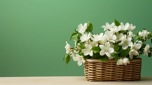 White flowers in a wicker basket on a green background. High quality photo