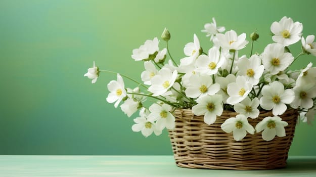 White flowers in a wicker basket on a green background. High quality photo
