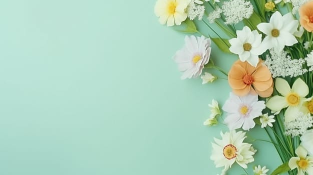 Assorted flowers on a pastel green background, top corner arrangement. High quality photo